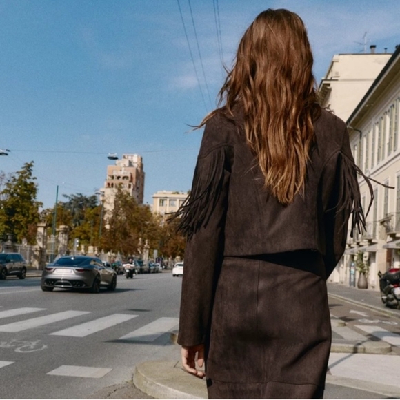 ZARA Fringe Faux Suede Jacket Brown Size Small S NEW - Picture 11 of 16